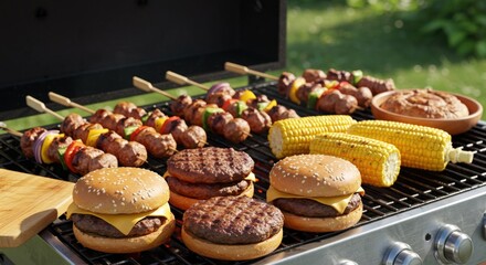 Summer BBQ Delicious Burgers, Kebabs, and Grilled Corn on the Grill