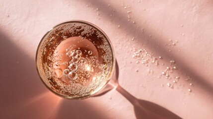 Rose sparkling wine glass with elegant bubbles, soft shadows on pink background - celebration and luxury in a delicate moment
