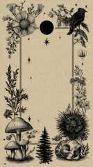 Whimsical Black and White Botanical Art: Nature-Inspired Illustration with Flowers, Mushrooms, and Celestial Elements