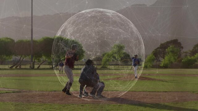 Pitcher releasing ball causing sports sphere mapping pitch batter swinging bat catcher bracing mitt