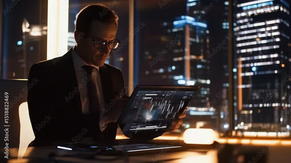 Poster executive analyzing digital data on tablet with cityscape view during nighttime hours