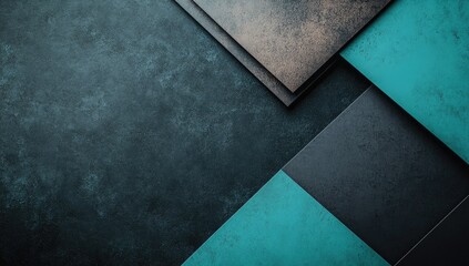 Abstract geometric shapes in muted tones.  Dark teal, brownish-gray, and charcoal squares and rectangles overlap on a textured dark background