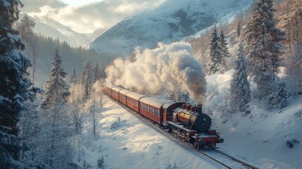 A Majestic Winter Journey: Steam Train Through Snowy Mountains