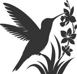 Flying hummingbird vector silhouette with flower © MostAklima