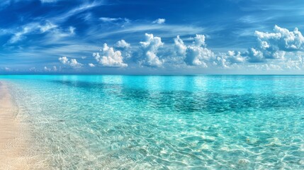 Tropical beach with turquoise water and white sand under blue sky, embodying serene vacation bliss
