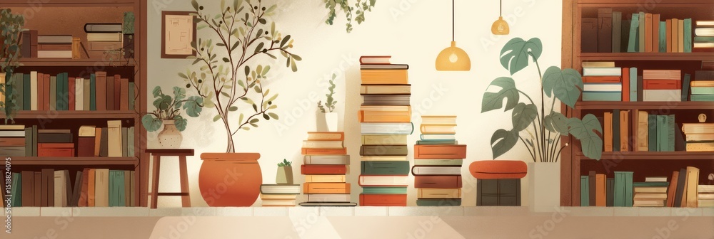 Fototapete cozy home library with stacked books and a bright open space for relaxation and reading