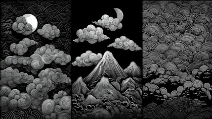 Monochrome Mountain Landscape at Night: Celestial and Surreal Nature Art Illustration