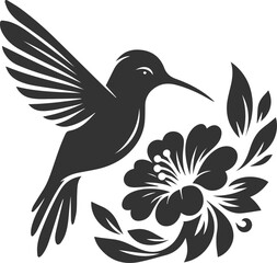 Flying hummingbird vector silhouette with flower