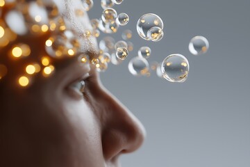 Growth mindset, motivation and self-improvement: Floating light spheres entering human head, motivation, ideas and continuous learning.