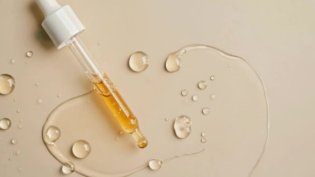 Amber Serum Dropper Bottle and Spilled Oil