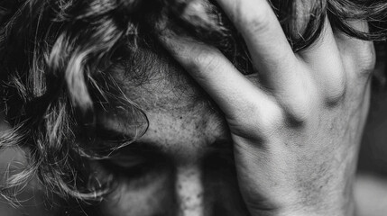 Soft young person's gentle hand clutching back or side of head, showing headache or migraine pain. Large empty white space on side for ad or text with a calm fade tone for a soothing effect.

