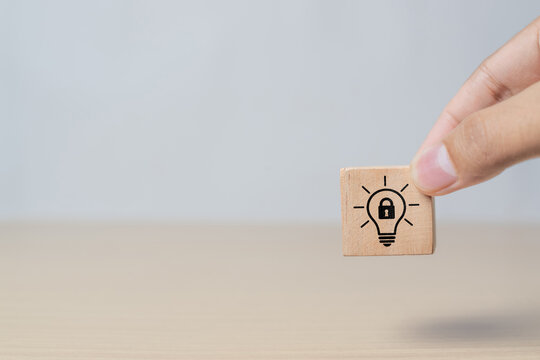 Intellectual property and patent law concept. Brand identity, invention rights, and copyright license granted by authority