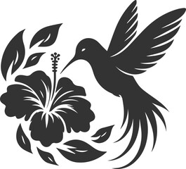 Flying hummingbird vector silhouette with flower
