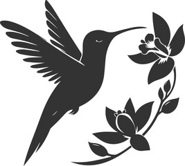 Flying hummingbird vector silhouette with flower