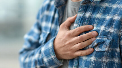 Soft young person's gentle hand clutching chest in pain, symbolizing heart attack or chest discomfort. Clean white space for caption or ad, conveying urgency and health awareness in minimal style.

