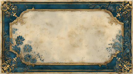 Vintage Ornate Frame with Floral Design: Elegant Blue and Gold Textured Background for Invitations and Scrapbooking