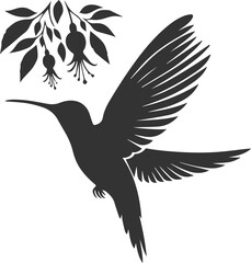 Flying hummingbird vector silhouette with flower