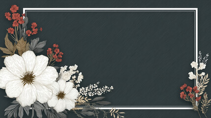 Elegant Floral Frame - Modern Design with White Flowers on Dark Background for Wedding Invitation or Event