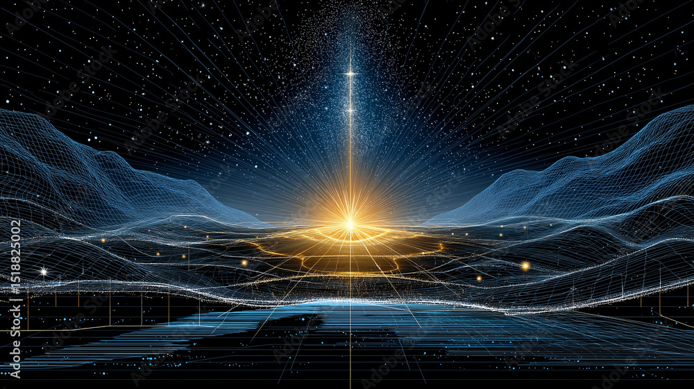 Poster cosmic convergence: a mesmerizing digital artwork depicting a radiant beam of light emanating from a
