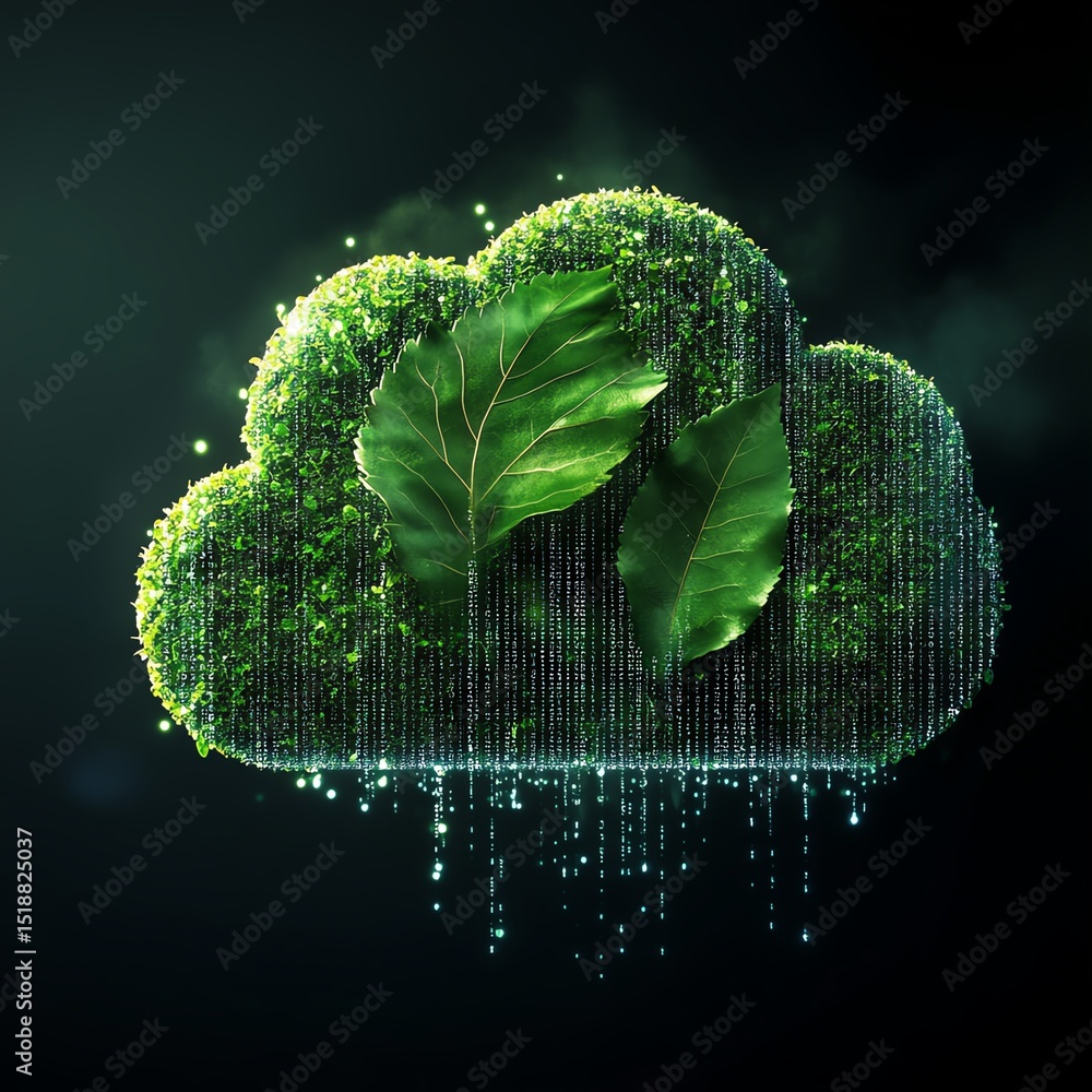 Poster leaf designed as a cloud icon with data streams, representing cloud computing and eco-friendly data 