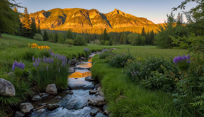 The summer stream runs forward, goes into the distance. AI generation.