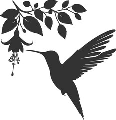 Obraz premium Flying hummingbird vector silhouette with flower