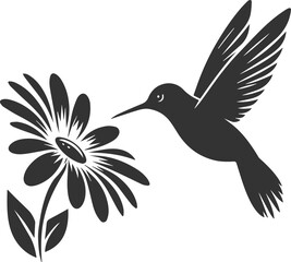 Flying hummingbird vector silhouette with flower