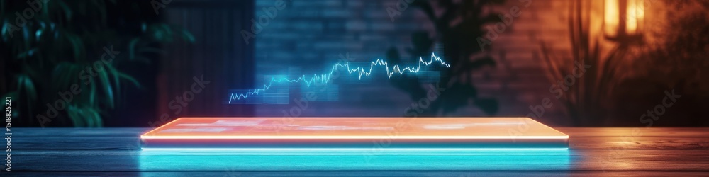 Poster a glowing platform with a stock market graph hovering above it in a futuristic setting indoors