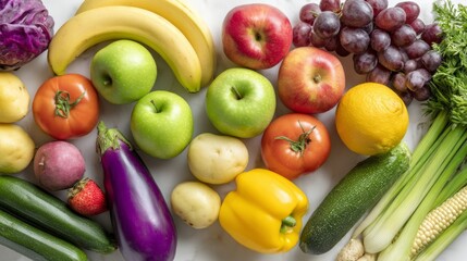 Colorful fresh fruits and vegetables arranged in an artistic composition, celebrating natural abundance and healthy living.
