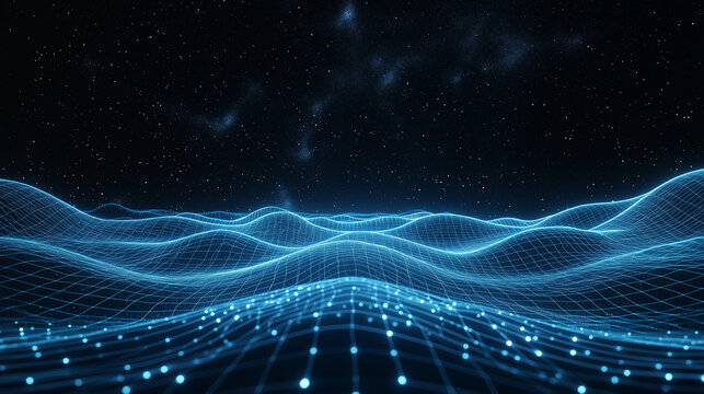 Abstract Digital Landscape: A futuristic digital landscape of flowing lines and radiant nodes, set against a star-studded cosmos, conveys a sense of connectivity and advanced technology.