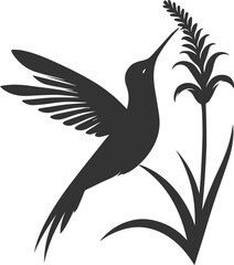 Flying hummingbird vector silhouette with flower