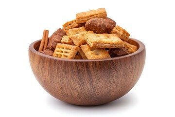 Assorted Cookies and Cinnamon Sticks in Rustic Brown Wooden Bowl, White Background