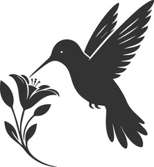 Fototapeta premium Flying hummingbird vector silhouette with flower