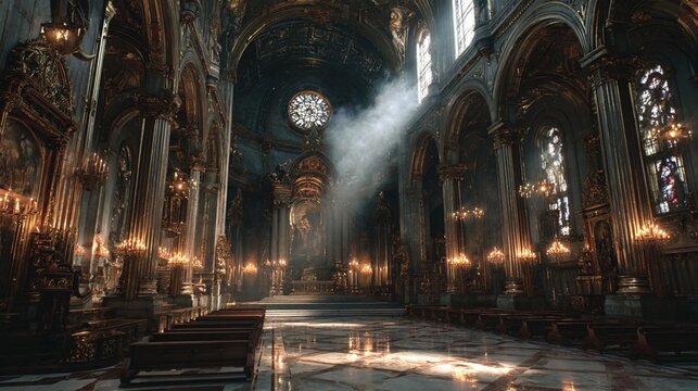 Majestic cathedral interior, sunlit nave