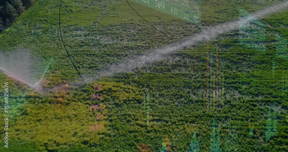 Poster starting center-pivot irrigation arm rotating and sprinkling mist while updating bar charts
