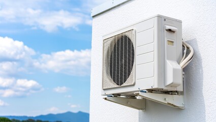 Air Conditioning Unit Mounted on a White Wall Against a Blue Sky with Clouds
