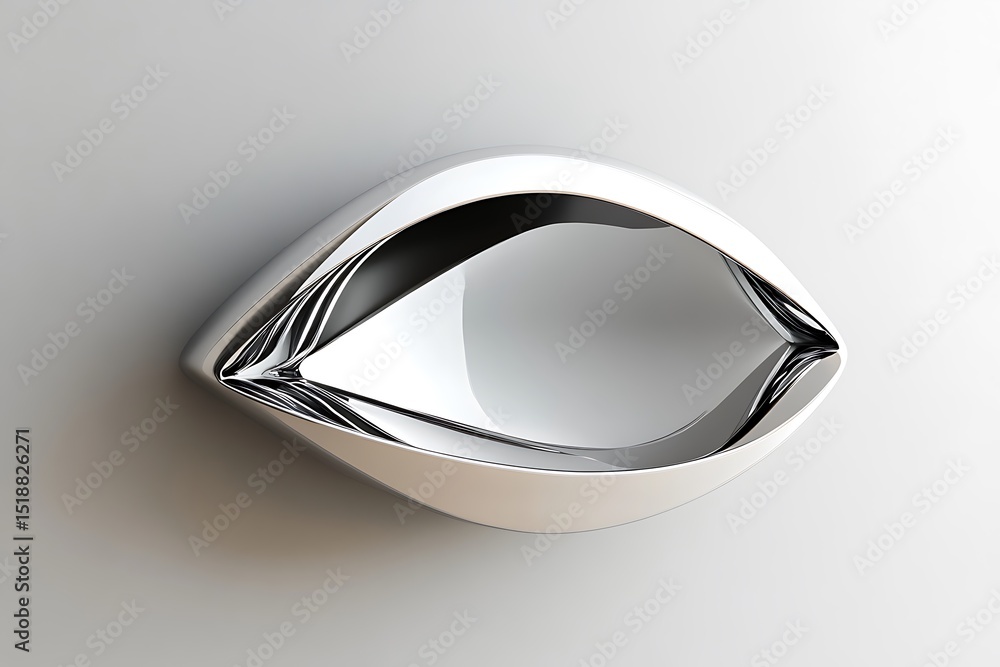 Poster abstract metallic eye shape design with fluid chrome accents on white background