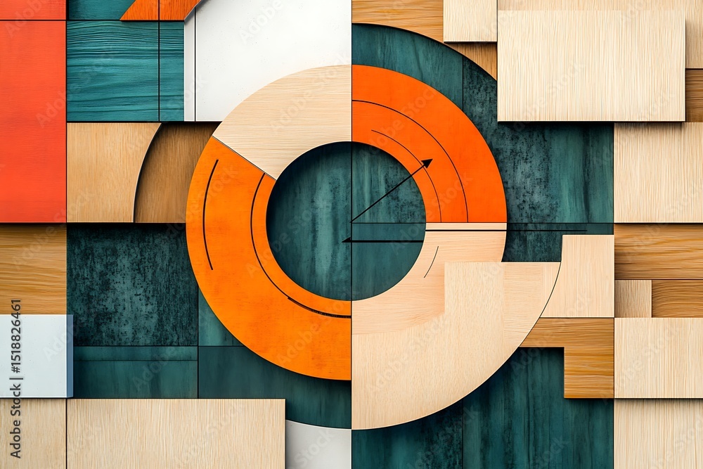 Poster abstract wooden block mosaic featuring orange circle segment and arrow on teal texture