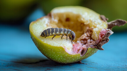 Striped Caterpillar Eating Green Fruit on Blue Surface