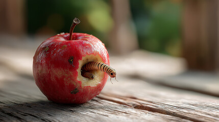 Red Apple with Worm Hole Showing Natural Pest Damage on Fruit
