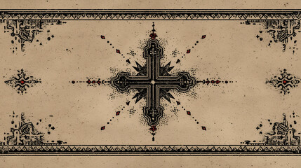 Vintage Ornate Baroque Design: Luxurious Antique Floral Motif with Mystical Symbolic Cross | Premium Handcrafted Paper Textured Background