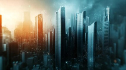 Dynamic aerial view of a modern cityscape with contrasting light and particle effects - Powered by Adobe