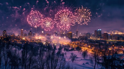 Spectacular Fireworks Over Snowy Cityscape at Night