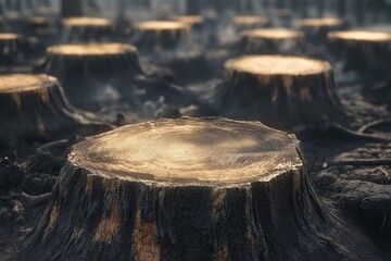 Deforestation Impact on Woodland Ecosystems. Stumps and Logging in Rural Landscapes