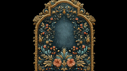 Vintage Baroque Frame: Ornate Gilded Floral Patterns with Lush Blue Background for Luxurious Antique Decor and Interior Design