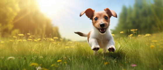 Jack Russell Terrier puppy running playful in sunny green park or field. Pet activities, joyful day, active bold breed, agility dog, playing with pets. Energy, intelligence. Summer and spring season. 