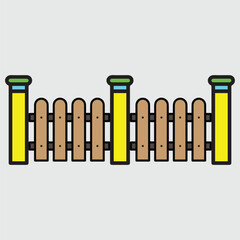Cartoon-style vector illustration of a wooden fence with vertical brown planks supported by bright yellow posts with green caps