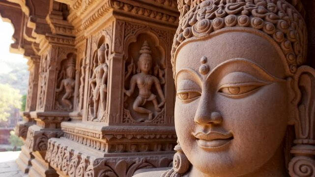 Sandstone buddha statue and carvings at sas bahu temple in gwalior fort