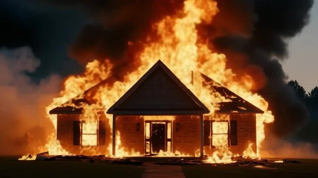 House fire with intense flames and thick smoke engulfing residential building at night, burning dangerously and creating emergency scene of fire and smoke danger