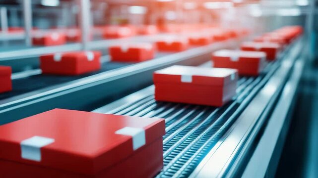 Red box conveyor belt factory industrial packaging process with multiple red boxes moving roller conveyor modern production line with bright lighting and focus one box and red boxes conveyor belt